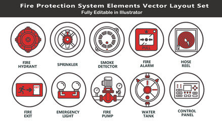 Fire protection system vector icons, top view safety plan layout, hydrant, sprinkler, alarm, emergency exit, pumps, architectural CAD schematic symbols © ArtFlex