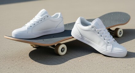 Naklejka premium Pair of white sneakers on skateboard isolated against neutral background