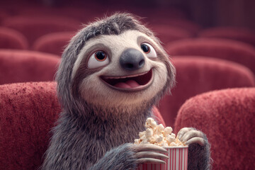 Fototapeta premium Cute Sloth Watching Movie with Popcorn – Generative AI