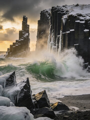 Naklejka premium Atmospheric Basalt Formations Under Dramatic Skies and Ocean Spray