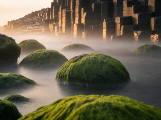 Obraz premium Atmospheric Basalt Formations Under Dramatic Skies and Ocean Spray