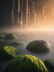 Obraz premium Atmospheric Basalt Formations Under Dramatic Skies and Ocean Spray