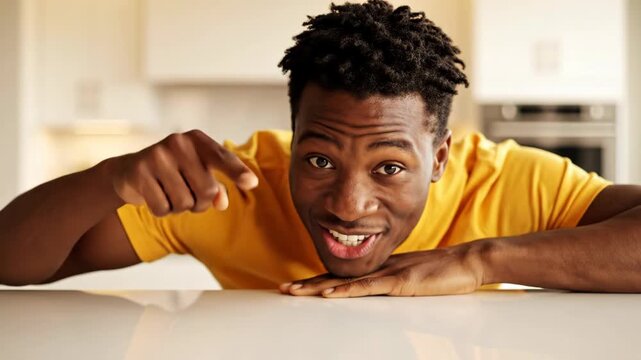 Close-up of a cheerful young Black man wearing a yellow t-shirt peeking over a white table surface with a wide smile, resting his chin on his hands in a bright, modern kitchen.