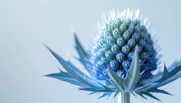 A close-up photograph showcases a vibrant blue thistle flower head against a soft, blurred white background, highlighting its intricate texture and spiky details.