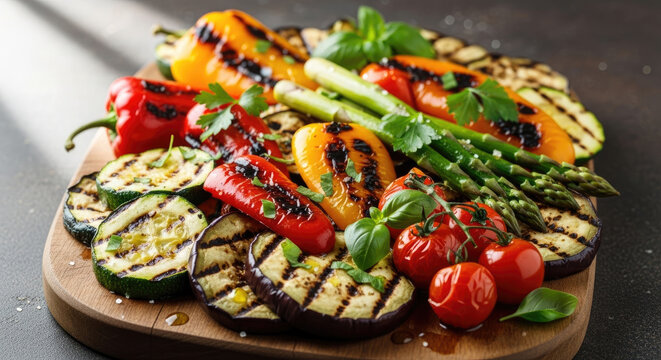 A vibrant arrangement of grilled vegetables on a wooden cutting board