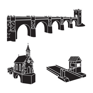 Medieval Stone Bridge Icons Arch Bridge Chapel Toll Booth Silhouette Vector Set