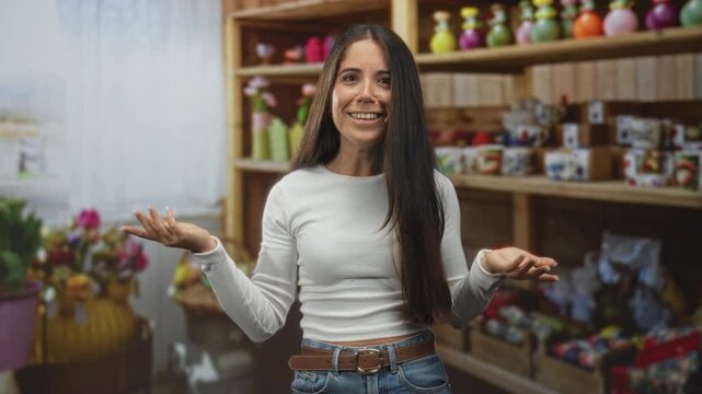 Woman with hands raised in a shrug gesture inside a store building with shelves of gifts and flowers; curiosity customer interaction.
