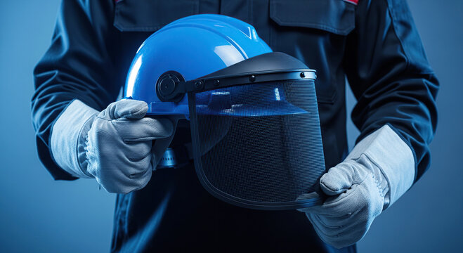 Person wearing gloves holding a blue safety helmet and mesh visor, World Day for Safety and Health at Work background