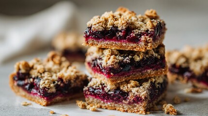Blueberry crumble bars with visible layers of oat topping and vibrant berry filling stacked neatly in bright natural light