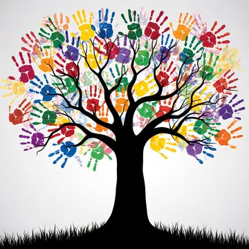 Tree made of colorful handprints, concept for unity and diversity
