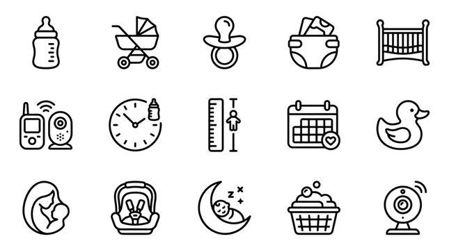 Baby, parenting, and childcare icons, 15 black line icons, vector set