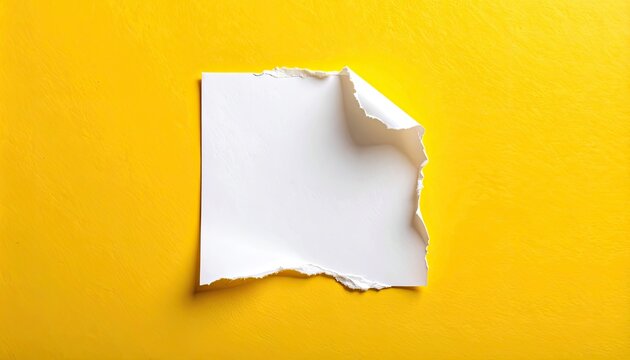 A torn piece of white paper reveals a vibrant yellow background, creating a striking contrast and suggesting a hidden message or unexpected discovery.