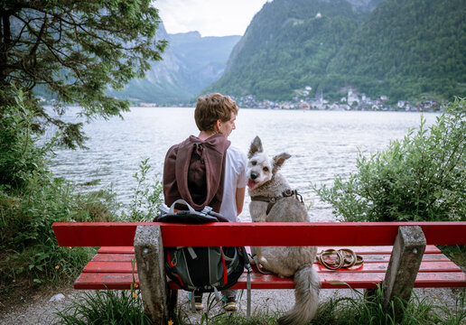 Man with dog sitting on bench by alpine lake with mountain view