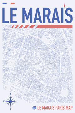 Paris Le marais district vector mapping. France city popular area map illustration for poster, print, social media post. Simple and editable street plan layout. Vintage, retro style