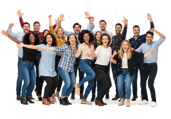 Obraz premium Happy multicultural team of professionals smiling and raising hands in a modern office, conveying teamwork, success, and positive workplace culture. Ideal for business, corporate, and motivational