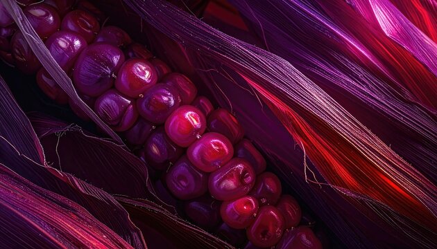 A close-up shot showcases a vibrant ear of purple corn nestled within its protective husk, bathed in dramatic lighting and highlighting its unique texture and color.