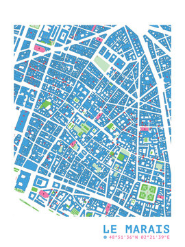 Paris Le marais district vector mapping. France city area map illustration for poster, print, social media post. Simple and editable street, buildings plan layout