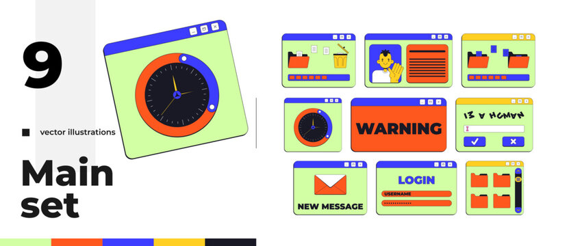 Comprehensive neo brutalism pop-up UI window pack. File manager. Login form. System dialog box. Transfer delete. Isolated user interface elements collection in neubrutalism style. Retro Y2K UX design