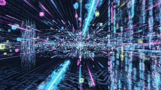 Futuristic abstract digital data flow visualization with glowing light streaks, cubes, and a binary code grid background