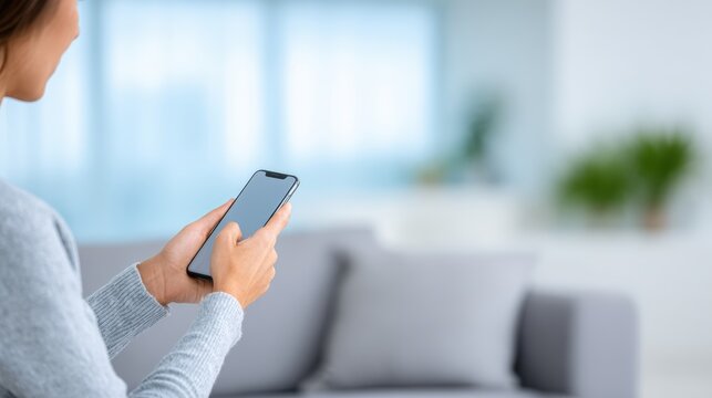 Woman holding smartphone in gray sweater while sitting on a couch in a modern living room with soft lighting, plants, and a blurred background creating a cozy atmosphere