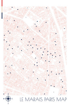 Paris Le marais district vector mapping. France city area map illustration for poster, print, social media post. Simple and editable street, buildings plan layout