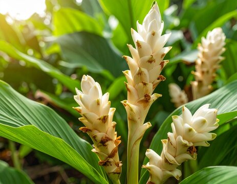 Partially exposed white turmeric rhizomes in dark garden soil