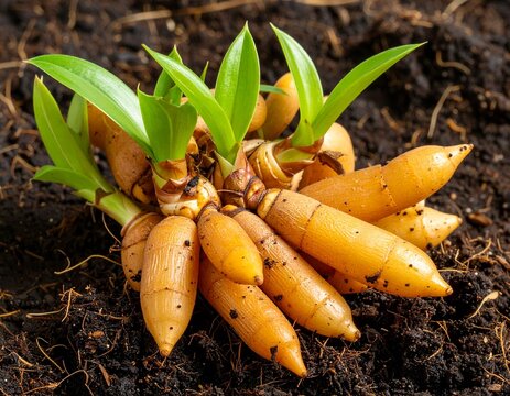 Fresh fingerroot rhizomes with elongated roots on rustic wood
