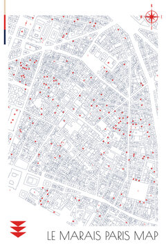 Paris Le marais district vector mapping. France city area map illustration for poster, print, social media post. Simple and editable street, buildings plan layout