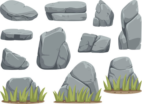 Natural stone and rock collection set, diverse grey boulder icons with grass for garden and landscape design vector illustration
