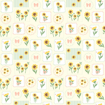 Sunflower Patchwork Seamless Pattern with Floral Squares and Bow Accents on Pastel Background for Fabric Design