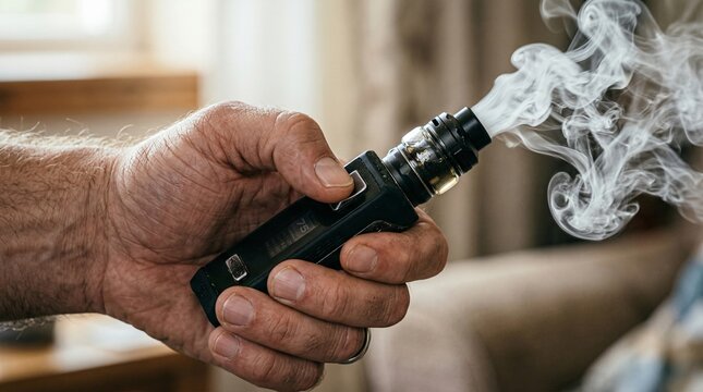 Detailed close-up shot of a man's hand holding a sleek, black vape mod.