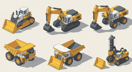 Collection of isometric construction vehicles including excavators, dump trucks, and a bulldozer. © Bunga