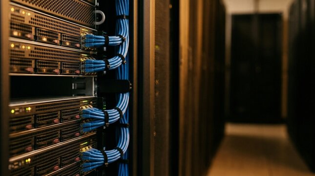 Server rack hardware and ethernet cable management in data center facility. Featuring blue patch cords connected to enterprise computers for local network and cloud storage services.