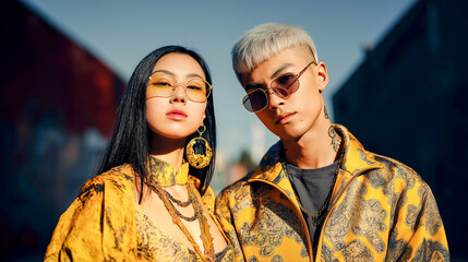 young couple wearing coordinated outfit