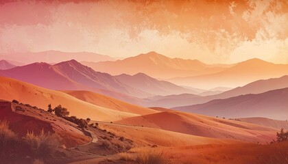 Naklejka premium A breathtaking landscape painting depicts rolling hills and layered mountains bathed in warm, golden light, evoking a sense of tranquility and vastness.