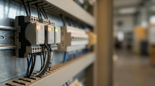 Industrial electrical panel components with relays and circuit breakers mounted on din rail. Close up view of wiring and automation devices used in power distribution and control systems.