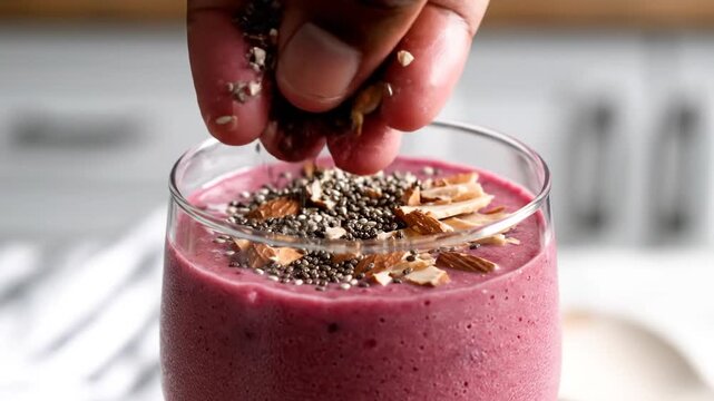Hand topping berry smoothie with nuts and seeds in glass