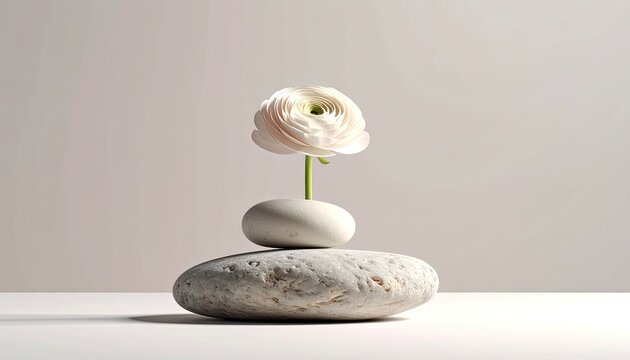 A delicate white ranunculus flower gracefully blooms from a carefully balanced stack of smooth, grey stones against a soft, neutral background, evoking a sense of tranquility and natural harmony.