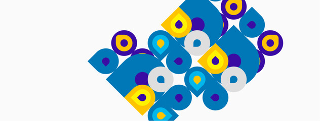 Fototapeta premium Abstract geometric shapes, circles, squares, blue, yellow hues. Modern design, clean lines, simple composition, white background.