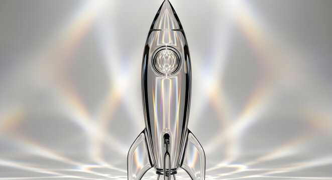 Celestial Ascent: A polished, silver rocket model, poised for launch against a backdrop of radiant, refracted light, embodies the spirit of exploration and ambition.