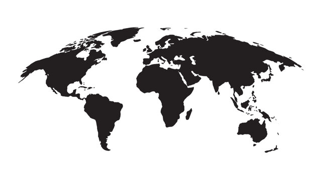 World Map Silhouette with Curved Perspective. Black Flat Earth Map with All Continents and Oceans. Modern Minimal Geography Design. Flat Vector Illustration Isolated on White Background
