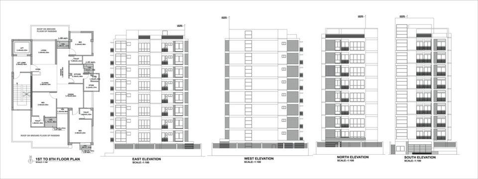 Residential Plan 1st to 8th Floor with Elevation Drawing &ndash; clean CAD-style vector illustration isolated on white background, EPS 10