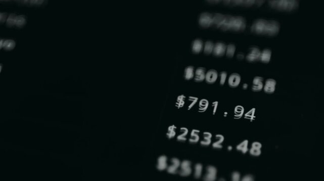 Scrolling list of cities and transaction amounts in a financial database interface