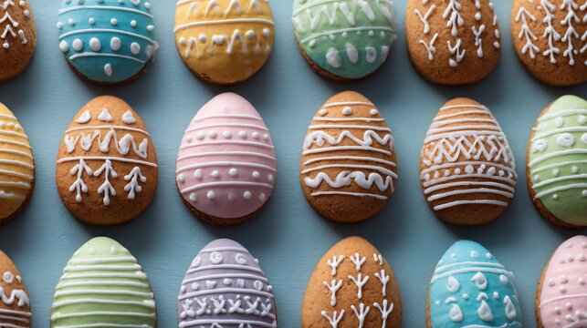 Coconut sugar cookies shaped like Easter eggs and decorated with pastel icing patterns arranged in rows
