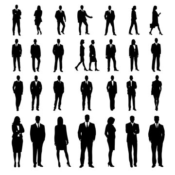 A large collection of business people silhouettes, men and women in formal suits
