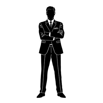 Silhouette of a confident male executive in a sharp suit, standing with arms crossed, sharp and clean outlines, solid black on a white background