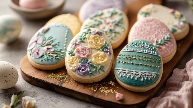 Easter sugar cookies decorated with pastel royal icing patterns including florals and delicate piping details, displayed neatly on a wooden board with scattered edible glitter