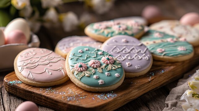 Easter sugar cookies decorated with pastel royal icing patterns including florals and delicate piping details, displayed neatly on a wooden board with scattered edible glitter