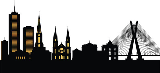 Fototapeta premium Sao Paulo Brazil City Skyline Silhouette Featuring Octavio Frias de Oliveira Bridge and Cathedral Landmarks Isolated on White Background for Design