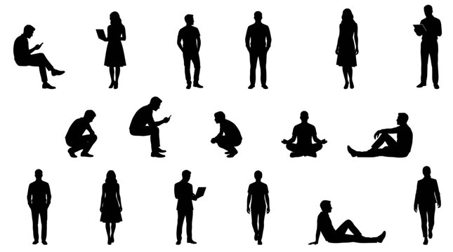 People silhouette collection featuring diverse men and women in various poses like sitting walking and using devices | Vector set for architectural scale
